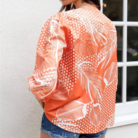 Orange Polka Dot Leaves Print Button Up Detail Balloon Sleeve Top - Picture 3 of 4